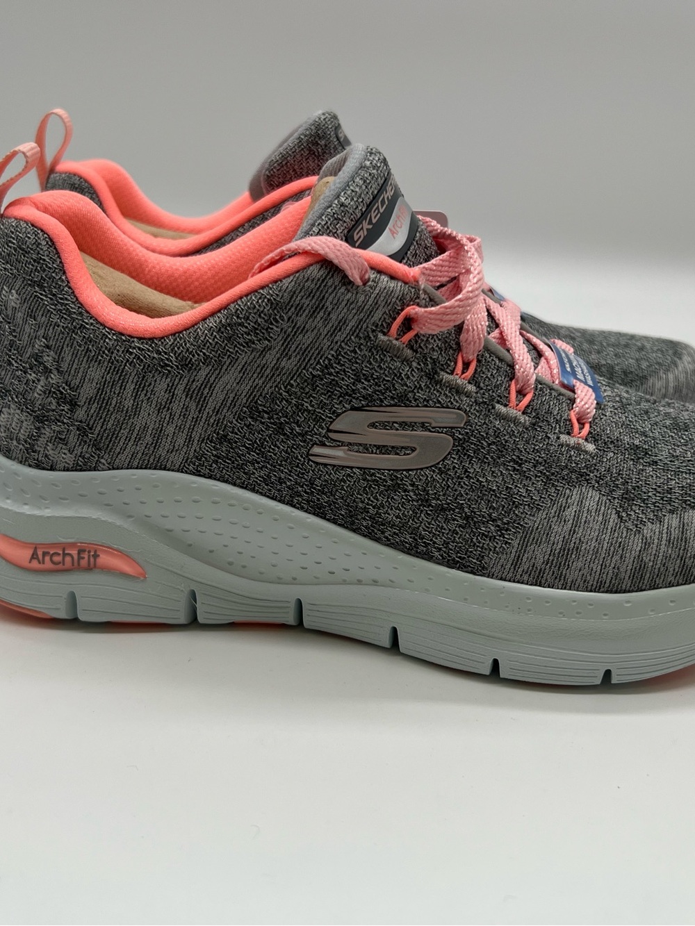 Skechers Women's Gray and Pink Slip-On Knit Sneakers - Picture 2 of 6